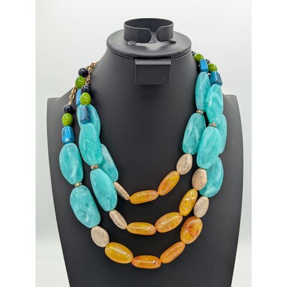 Large Chunky Spring Colors Lucite Three Strand Statement Necklace - Picture 1 of 5